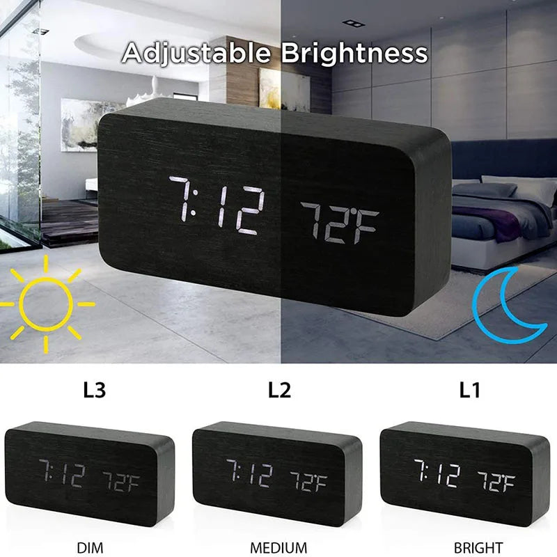 Wooden Digital Alarm Clock, LED Alarm Clock with Temperature Desk Clocks for Office,Bedside Clock