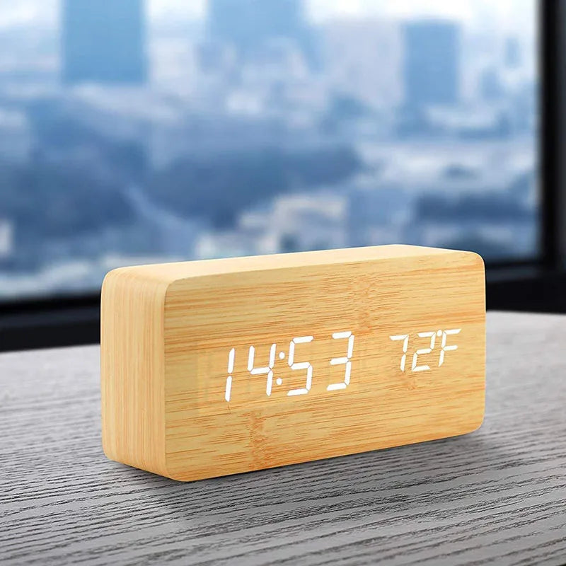 Wooden Digital Alarm Clock, LED Alarm Clock with Temperature Desk Clocks for Office,Bedside Clock